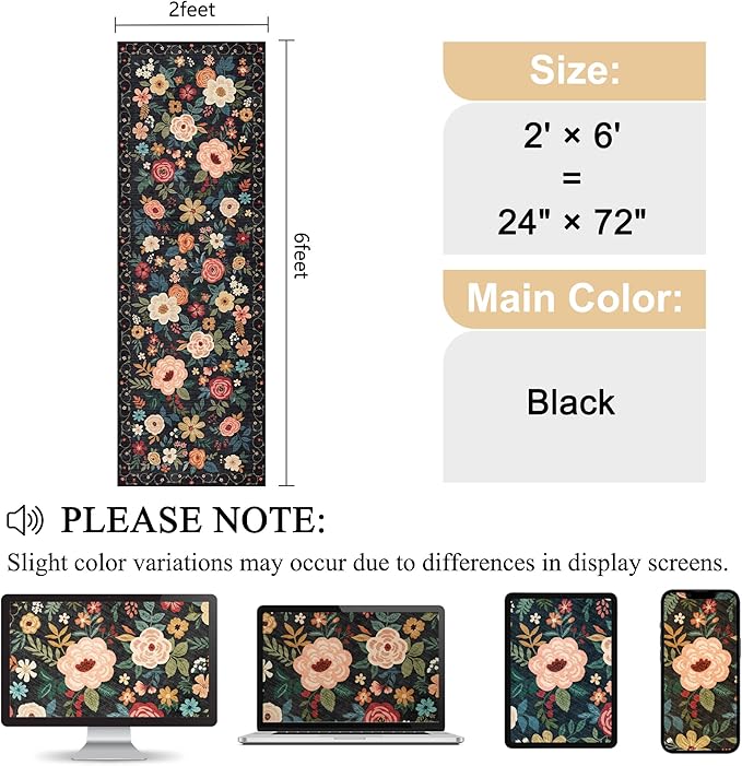 DUKINO 2x6 Runner Rug for Hallway, Washable Runner Rug Non Slip, Black | Low Pile, Soft, Floral Indoor Rug for Kitchen, Entryway, Bedroom, Laundry, Bathroom, Pet Friendly, Lightweight, Home Decor
