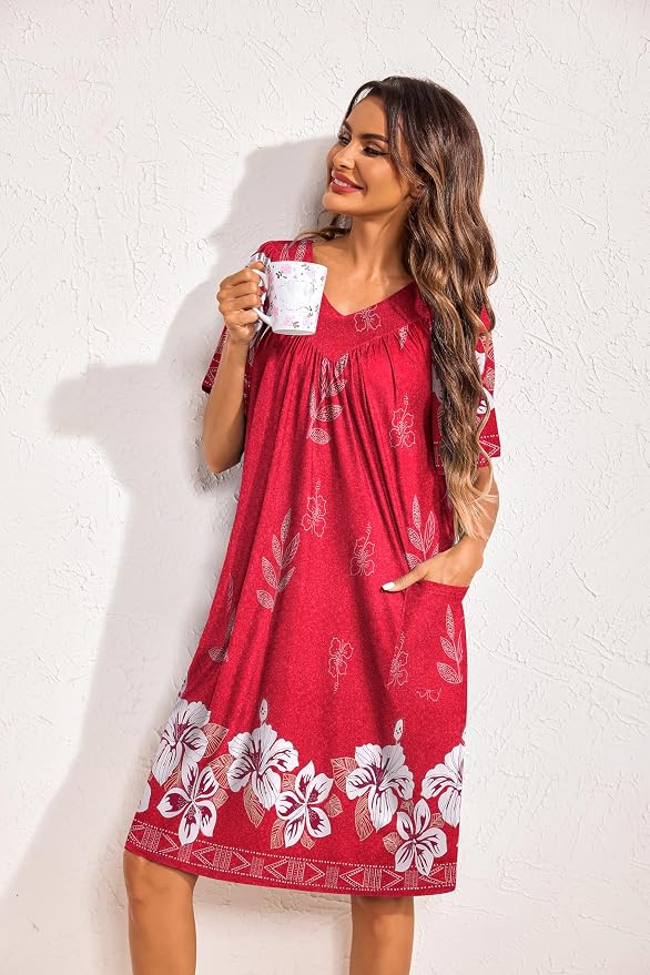 Ekouaer Womens House Dress Floral Print Nightgown with Pockets Mumu Dress