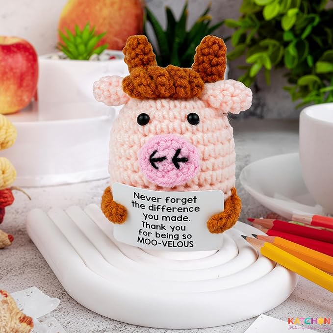KatchOn, Mini Funny Positive Cow Gifts | Emotional Cheer Up Support Gift for Women, Men, Coworker, Friends, Teen | Handmade Crochet Highland Cow Gift for Christmas, Birthday, Bosses Day, Thanksgiving