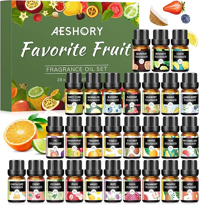 Fruity Essential Oils Set - Top 28 Fruit Fragrance Oil for Candle Making, Diffusers - Strawberry, Apple, Pineapple, Cucumber Melon, Cherry, Mango, Lemon, and Orange Scented Aromatherapy Oils