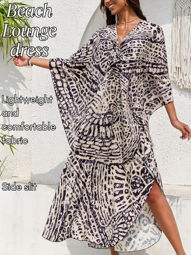 ChiaoLezhee Print Moo-Moos for Women, Kaftan Cover-Up Dresses, Sexy V-Neck High-Slit, Beach Pool-Party Coverups Muumuu Plus
