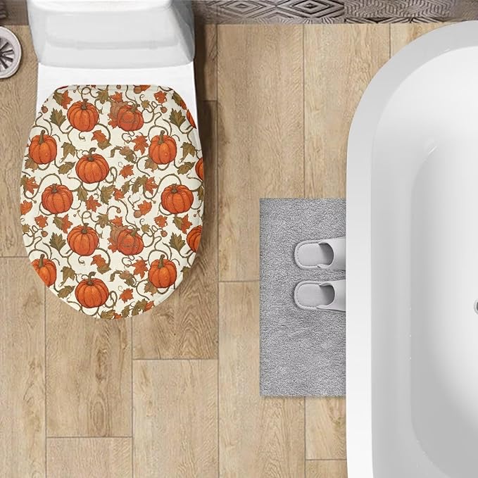 Toilet Seat Cover, Bathroom Accessories Elastic Band at The Bottom Toilet Lid Cover, Comfortable and Dustproof Toilet Seat Cover-Pumpkins With Maple Leaves