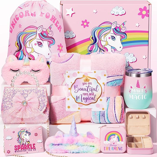 9PCS Unicorn Gifts for Girls Age 4-6 6-8, Toddler Girl Toys with Unicorn Glow in The Dark Blanket Crossbody Purse Kids Christmas Birthday Gifts Toys for 3 4 5 6 7 8+ Year Old Teen Girls Daughter Niece