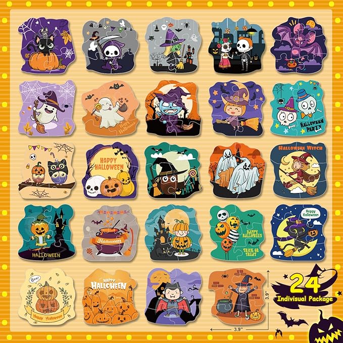 Shemira Halloween Party Favor - 24 Pack Jigsaw Puzzles, Trick or Treating Goodie Bag Filler, Miniature Novelty Toys for Kids