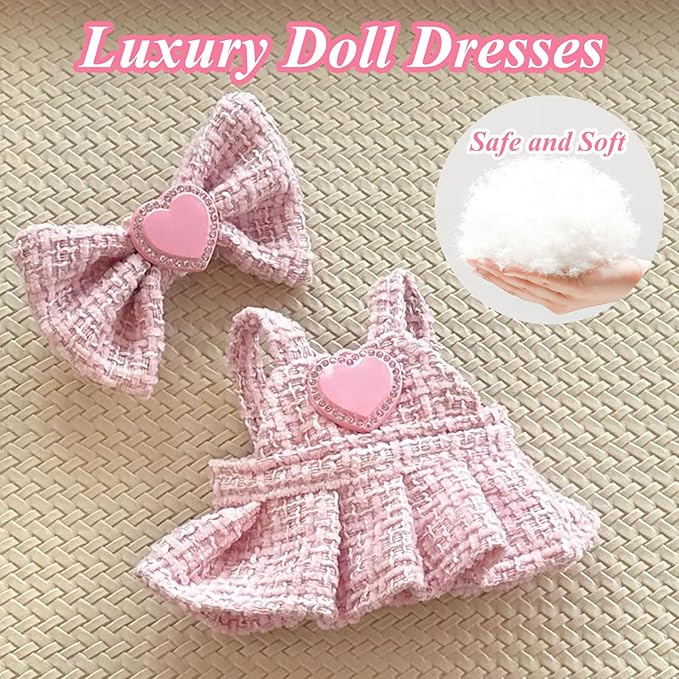 6.7in/17cm Doll Clothes Set(NO Doll), 4 Pcs Outfit Set Includes Premium Fashion Dresses & Bow Hairpin & Glasses & Cute Rabbit Charm, Luxury Chic Doll Clothing Accessories