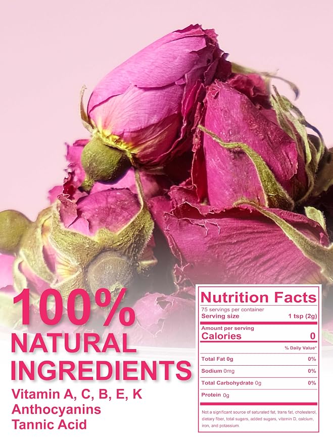TeeLux Rose Buds Tea Loose Leaf, 5.3oz/150g, Natural Dried Rose Buds Herbal Tea, Culinary Food Grade Rose Flowers for Drinks, Baking, DIY Beauty, Crafts, Caffeine Free