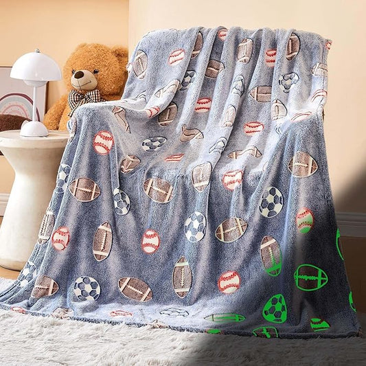 Wajade Sports Balls Gifts Toys for Boys Girls - Glow in The Dark Sports Balls Blanket Birthday Christmas Decor for Kids Age 3 4 5 6 7 8 9 10 11 12 Years Old Teens Child Throw Light Grey 60"x80"
