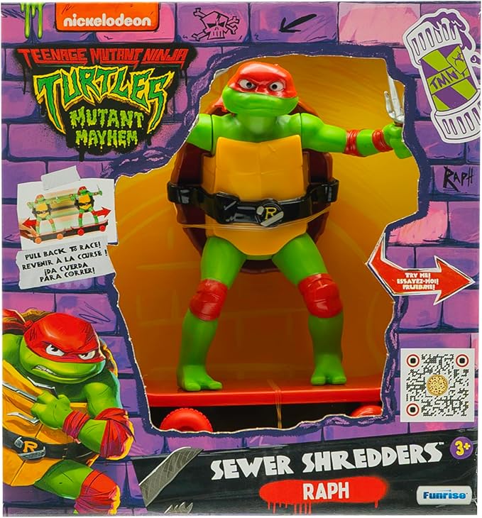 Teenage Mutant Ninja Turtles Toy, Raphael Sewer Shredder Pullback Skateboard, Mutant Mayhem TMNT Ninja Turtle Figure, Ages 3+