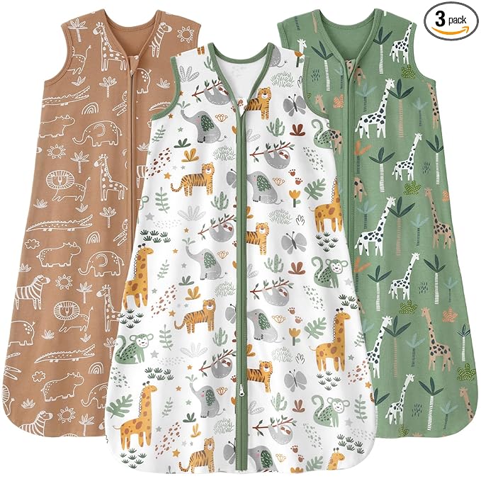 Baby Sleep Sack 6-12 months, 100% Cotton Sleeping Sack for Newborn and Infant, 3 Pack Baby Wearable Blanket for Boy and Girl, 0.5 Tog Lightweight Double Zipper Sleep Bag Green Brown Giraffe