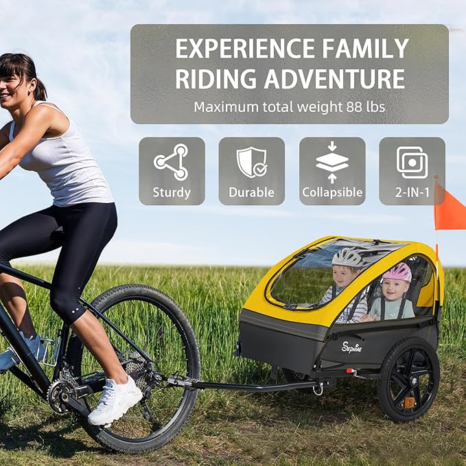 Sepnine Kids Bike Trailer, 2 in1 Canopy Carrier Converts to Stroller Suitable for 1 to 2 Kids, 12+ Months, Quick Attach to Bike, Foldable, with 5-Point Harness and Storage Bags