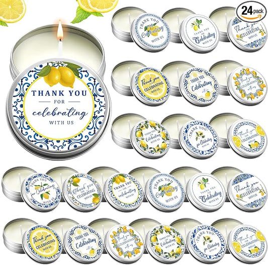 Treela 24 Pcs Capri Lemon Candles Favors Italian Lemon Scented Candle Tins with Lids Amalfi Coast Gifts for Mediterranean Wedding Bridal Baby Shower Party Favors Decorations