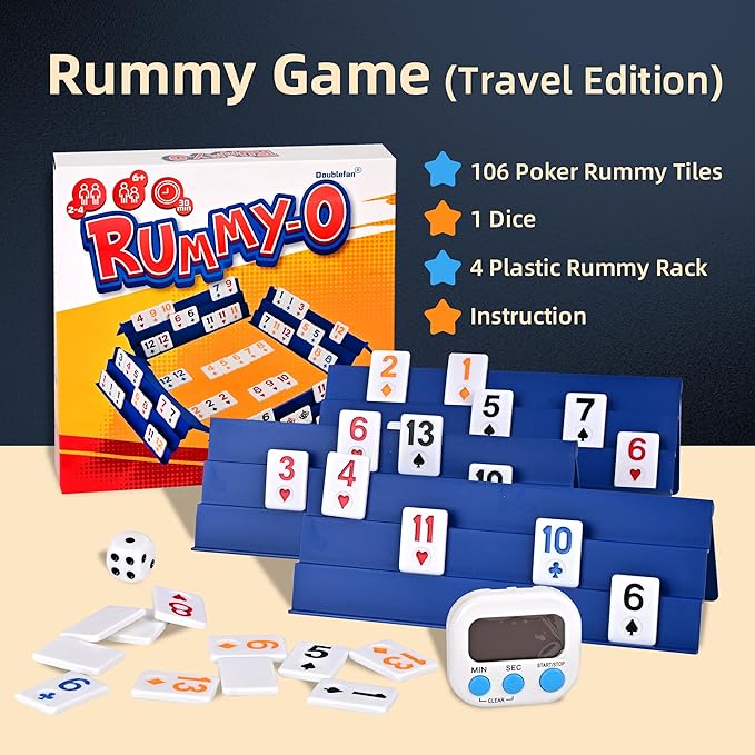 Doublefan Upgraded Rummy Game,Rummy-O with Color Unique Poker Playing Way,Rummy Cube Orginal Classic Board Game for Adult and Kids,106 Tiles, 4 Playing Rack, 1 Timing, 1 Dice (2-4 Players)