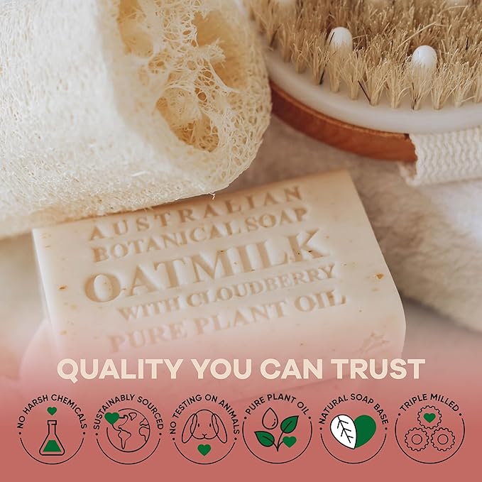 Australian Botanical Soap Oat Milk with Cloudberry – Triple Milled 6.6 oz Bar Soap with Shea Butter, Face Hand & Body Soap Bars, Pack of 4