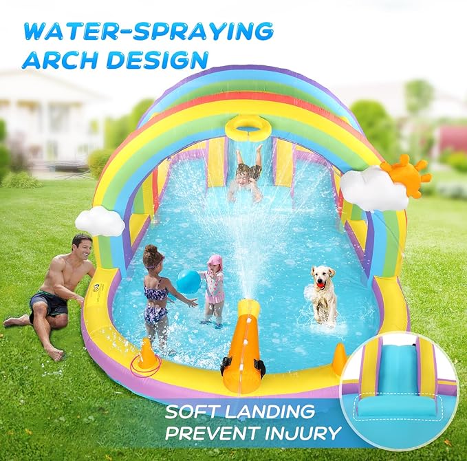 JOYMOR Inflatable Water Slide w/Climbing Wall, Water Cannon, Basketball Hoop, Kids Water Slide Bounce House w/Arch Sprinklers, 30s Blow Up Water Slide for Kids Backyard Party (Air Blower Included)