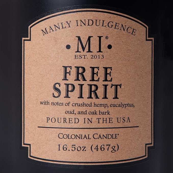Manly Indulgence Free Spirit Scented Candles for Men, 16.5 oz Single Wick, Premium Soy Blend Wax, 60H Burn, Candles for Home Scented – Made in The USA
