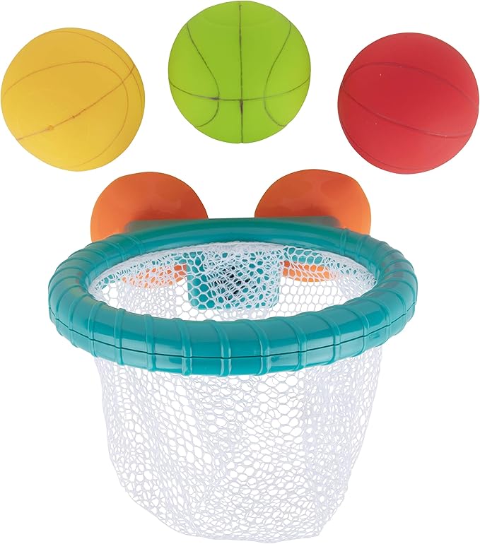 Edushape Bath Toy Basketball Hoop & Balls Kids Set - 3 Colorful Balls and Mesh Net That Catches The Balls, Bathroom Bathtub Shooting Game with Strong Suction Cup