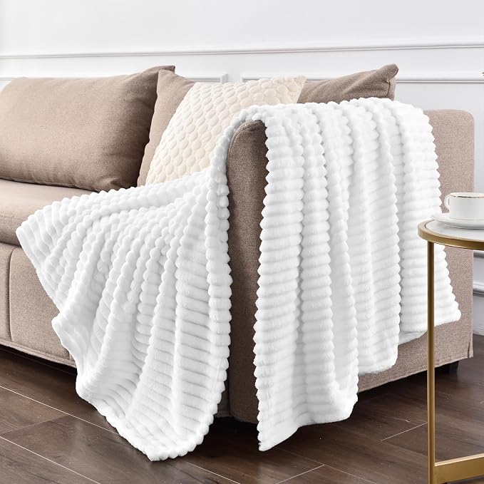 BEDELITE Ribbed Jacquard White Fleece Throw Blanket for Couch, 50x60 Inch | Soft Warm Decorative Fluffy Blanket, Cozy Plush Lightweight Fuzzy Throw Blanket for Bed Sofa Home Room Decor, Gift for Women