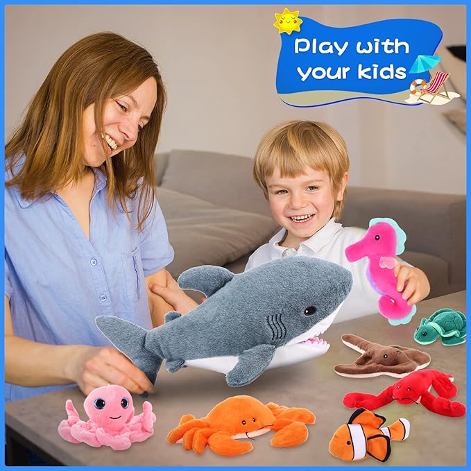 Zomiboo 18 Inch Great Shark Plush with 7 Pcs of Soft Stuffed Sea Animals Include Manta Ray, Seahorse, Crab, Clown Fish, Turtle, Octopus and Lobster, Gift for Friend