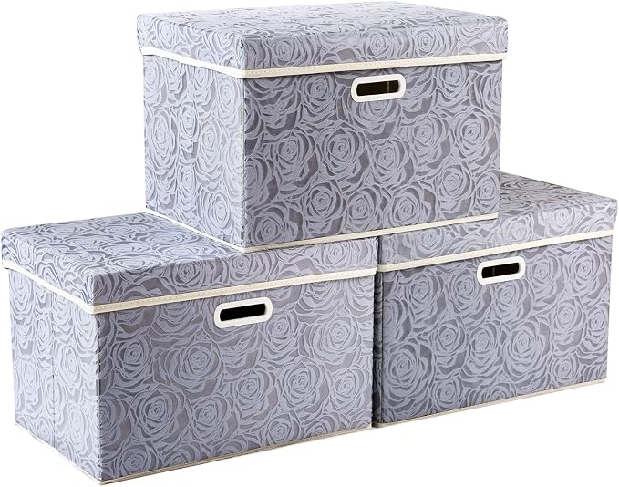 Large Storage Boxes with Lids [3-Pack] Fabric Decorative Storage Bins Cubes Organizer Containers Baskets with Handles for Closet Grey 17.7x11.8x11.8 In For 6+ Year Old Boys and Girls