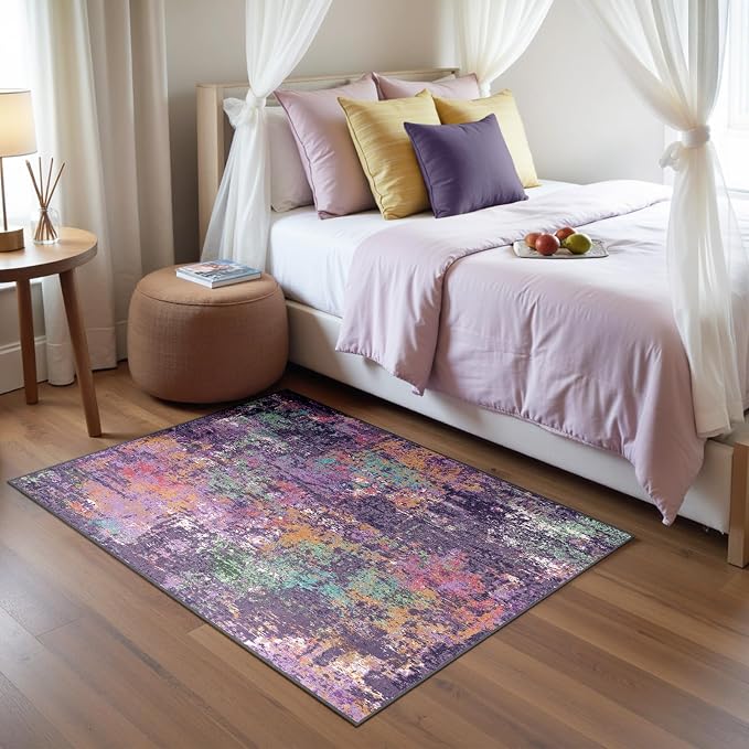 RELEANY Washable Area Rugs 3'x5' Non-Slip Modern Abstract Soft for Living Room Entryway Bedroom Kitchen, Print Pattern, Purple Orange Blue Green Rust Red Colorful