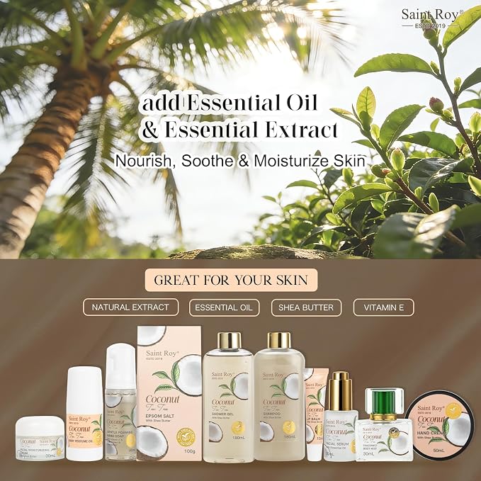Bath and Body Basket Set TEA TREE & COCONUT Spa Gift Basket for Women & Men | 30Pcs Unique Bath Gift Baskets Gifts, Home Spa Kit Christmas Gifts, Face Skin Care Kit, birthday gift baskets for Dad Mom