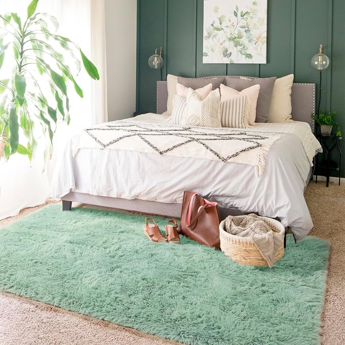 Amdrebio Sage Green Large Fluffy Rug 6x9 for Living Room Bedroom Nursery | Plush Furry Fuzzy Shag Shaggy Kids Carpet, Preppy Dorm Playroom Classroom Decor, Light Mint Green Color, Baby Toddler Corner