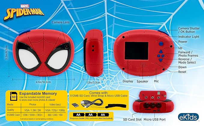 ekids Spiderman Kids Camera with SD Card, Digital Camera for Kids with Video Recording, Built-in Digital Stickers for Fans of Spiderman Gifts