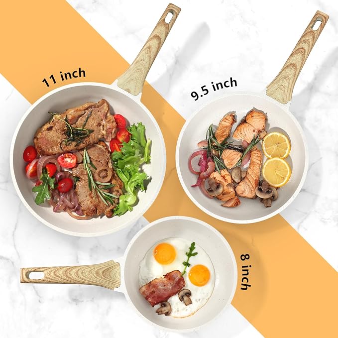 GiPP Non Stick Frying Pan Set - 8" 9.5" 11" Granite Nonstick Pan Skillet, Non Toxic Pans for Cooking, Omelette Pan with Stay Cool Handle, Induction Compatible, PFAS/PTFE/PFOA Free, White