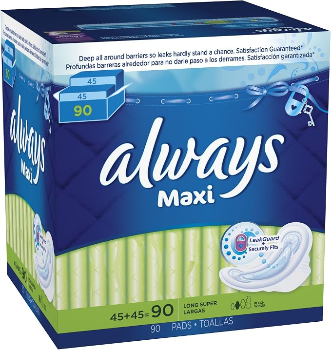 Always Maxi Long Super Pads With Wings, 90 Count