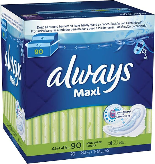 Always Maxi Long Super Pads With Wings, 90 Count