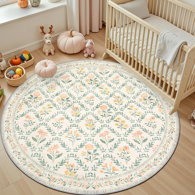 Round Area Rug for Living Room: 6 ft Floral Washable Circle Rug Soft Non-Slip Carpet Indoor Stain Resistant Low Pile Small Circular Rug for Bedroom Entryway Kitchen Nursery Home Office Beige/Multi