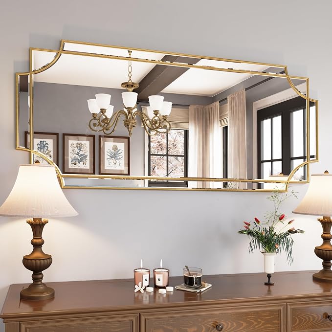 Kelly Miller 26"x52" Gold Foil Scalloped Edge Decorative Vanity Wall Mirror | Hand-Applied Gold Foil Finish. HD Mirror With French Cleat. Elegant Beveled Wall Mirror Decor For Bathroom Bedroom Entryway.