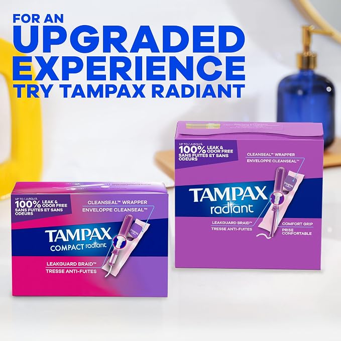 Tampax Compact Pearl Tampons for Women Multipack, with LeakGuard Braid & Extendable Applicator, Regular/Super/Super Plus Absorbency, Compact Extendable Applicator, Unscented, 45 Count