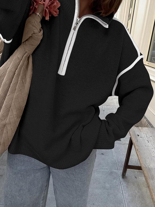 ANRABESS Womens Quarter Zip Sweaters Fall Long Sleeve V Neck Shirts Collared Business Casual Tops Knit Pullover Sweatshirts