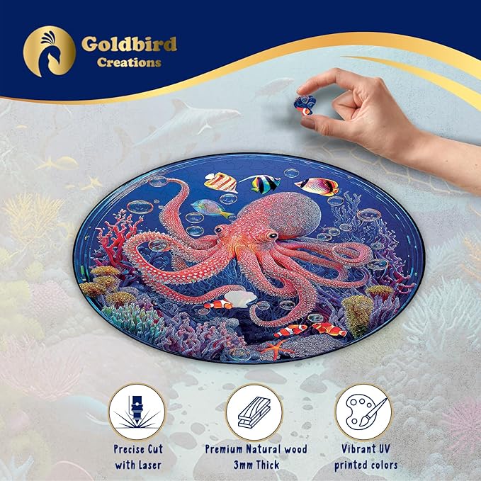 Wooden Puzzles for Adults - Eco-Friendly Wood Puzzles 200 Pieces - Premium Gift Box - Jigsaw Puzzles for Family Activity - Whimsical Shape Puzzle Pieces - Octopus