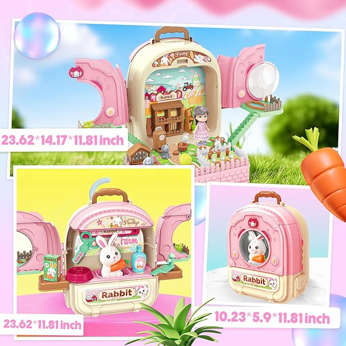 SMILESSKIDDO Pet Carrier Backpack Toy, 3 in 1 Care Playset, Pretend Play Accessories & Hair Dryer Toy, Rabbit Role Play Set for Girls Ages 3+