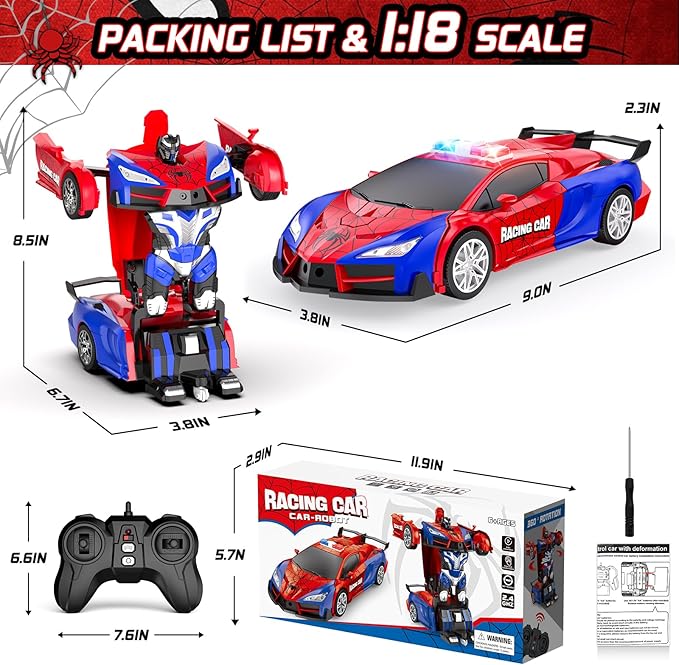 Remote Control Car for Boys 4-7, Rc Cars for Boys Age 8-12, One Button Transformation to Robot with Flashing Light 2.4Ghz Transforming Robot Car 1:18 Scale for Kids with 360 Degree Rotation