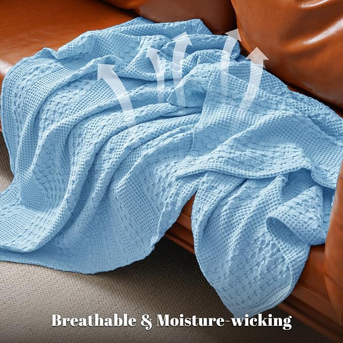 PHF 100% Cotton Waffle Weave Throw Blanket, Lightweight Breathable Summer Blanket for Couch Sofa, Pre-Washed Soft Throws for Bed, Office, Travel & Stylish Home Decor, 50"x60", Airy Blue