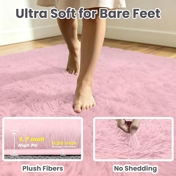 6x9 Area Rug for Living Room, Ultra Soft Fluffy Pink Rugs for Bedroom, Non Slip Large Shag Carpet, Fuzzy Plush Nursery Rug, Thick Washable Indoor Floor Carpets for Kids Office Dorm Home Decor