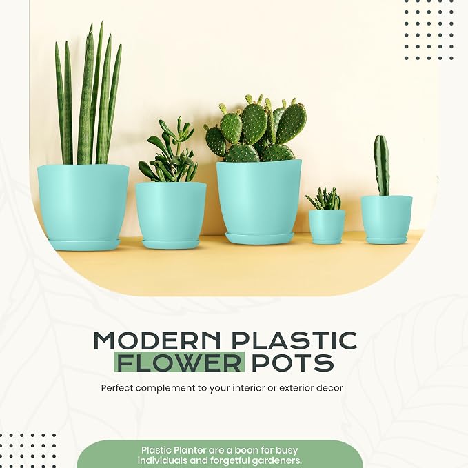 Plant Pots Indoor with Drainage, 10 Pack Multi-Size Planters Set, Aqua | Drainage holes included Multiple sizes 7/6.6/6/5.3/4.8 In Indoor plants and flowers Durable plastic construction