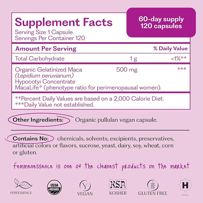 Femmenessence MacaLife – Clinically Proven Perimenopause Supplement for Women – Natural Hormone Balance, Mood, Hot Flashes & Night Sweats Relief – 120 Organic Vegan Capsules (60 Day Supply)