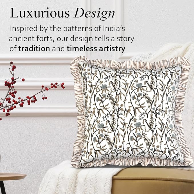 CPC Cocoa Vine Hand Block Print 100% Cotton Ruffle Throw Pillow Cover 18x18 inch with Hidden Zipper Decorative for Couch, Bed, Sofa, Farmhouse, Cottagecore Decor Gift Christmas Fall Thanksgiving