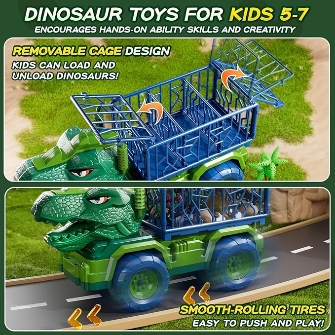 Dinosaur Cars Truck Toys for Kids 3-5 with 8 Dinosaur Figures, Activity Play Mat, Dinosaur Egg, Trees, Jurassic Play Set for Boys and Girls Ages 5-7