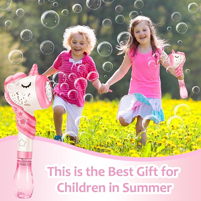 Bubble Machine Wand Gifts for Kids Toddlers Age 1 2 3 4 5 6 7 8 Years Old Birthday Party Unique Cute Baby Outdoor Outside Unicorn Summer Toy Easter Day Game for Little Girl Boy Include Solution Pink