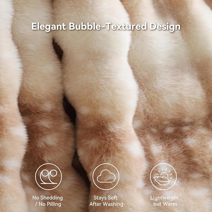 Faux Rabbit Fur Throw for Couch - Deer Brown Bubble Blanket 50"x60" | Fluffy Plush Fuzzy Fawn Throw for Sofa & Bed, Super Soft Cozy Comfrt Blanket,Luxury Aesthetic Deer Print Decor Gift for Women