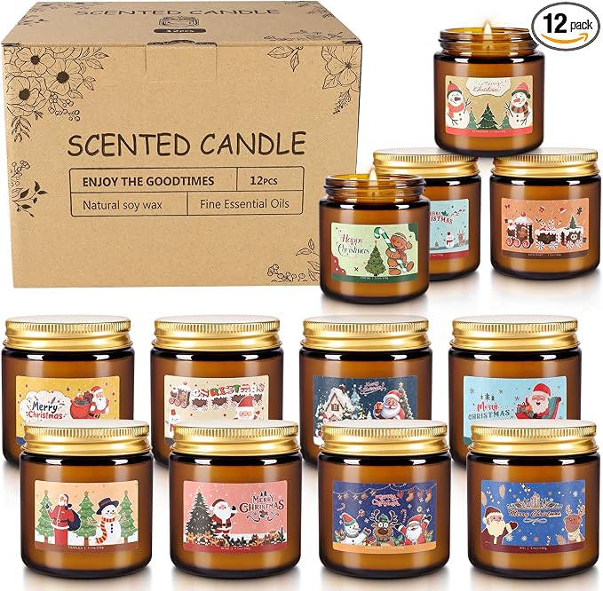 12 Pack Christmas Scented Candle Gift Set, Jar Candle Set (3.5 oz) | Premium Natural Soy Wax Candle,Clean-Burning & Long-Lasting,The Ultimate Christmas Gift & Holiday Decor