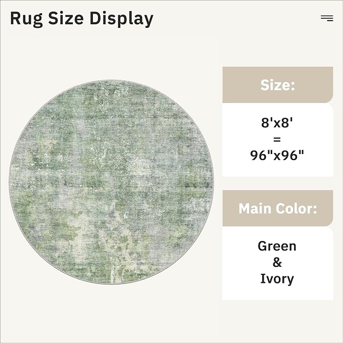 Soalmost Round Rugs 8ft Living Room Circle Area Rug 8x8 Green/Ivory Vintage | Washable Non Slip Abstract Carpet for Apartment, Dining Bedroom, Soft Low Pile Stain Resistant Foldable Floor Mat Entryway