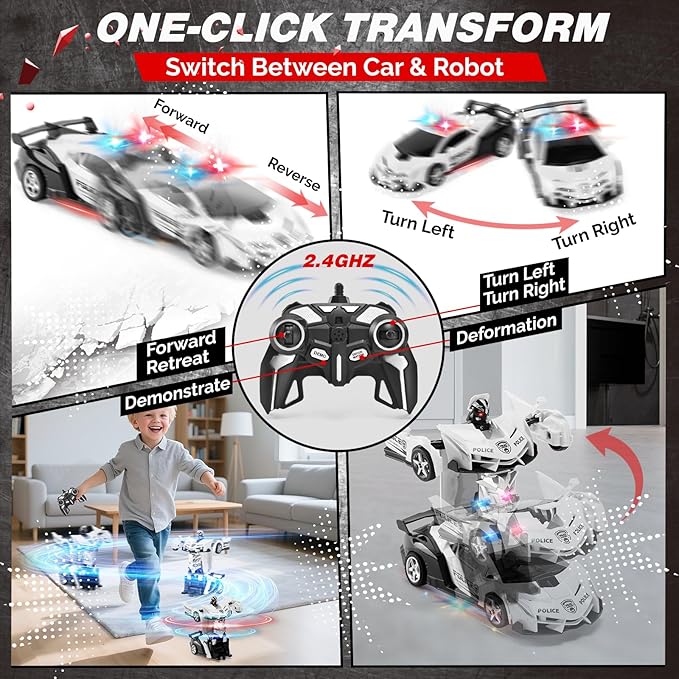2.4G Remote Control Transformer Car, Rechargeable RC Police Car Toy with Flashing Lights, Convertible Robot & Vehicle, Gift for Kids,Police Transformer Cars for Boys 4-6 7 8-12 (Black/White)