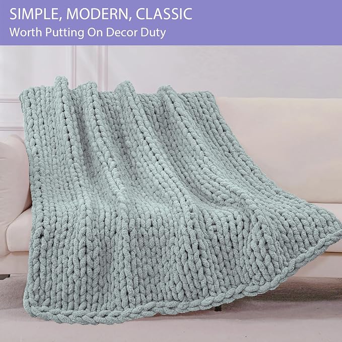 Bigacogo Chunky Knit Throw Blanket for Couch, 51x63 inches, Misty Green | Hand Knit with Jumbo Chenille, Soft Breathable Cable Knit for Sofa Bed Living Room, Machine Washable, Gift for Mom Friend