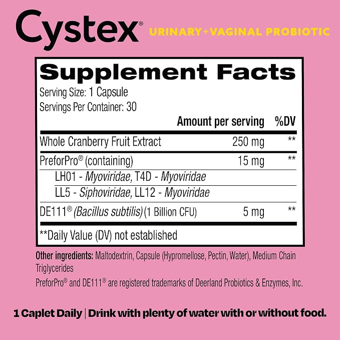Cystex 3-in-1 Urinary Tract Probiotic for Women - Prebiotic, Probiotic & Cranberry Supplement for UTI & Yeast Infection Support - Vaginal pH Balance & Flora Support - Urinary Health - 30 Capsules